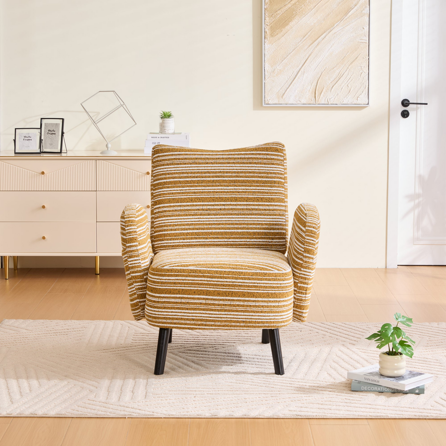 Modern armchair with sanded fabric, solid wood legs, and side storage pocket by Start2Finish, showcasing comfortable upholstery and stylish design.