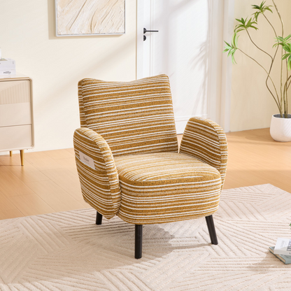 Modern armchair with sanded fabric, solid wood legs, and side storage pocket, designed by Start2Finish.