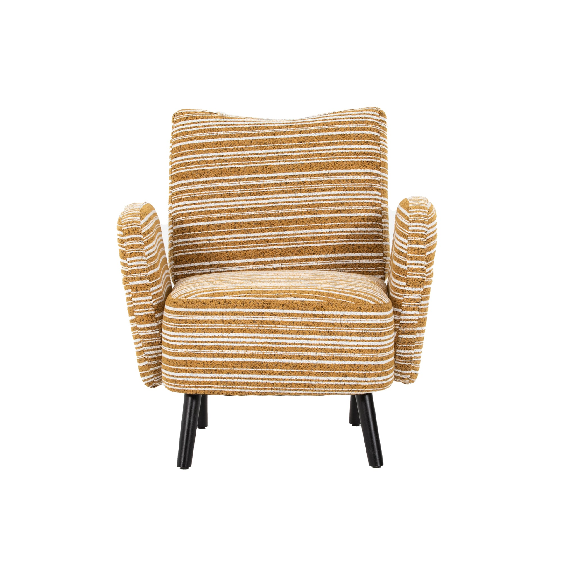 Modern armchair with sanded fabric, solid wood legs, and side storage pocket from Start2Finish.