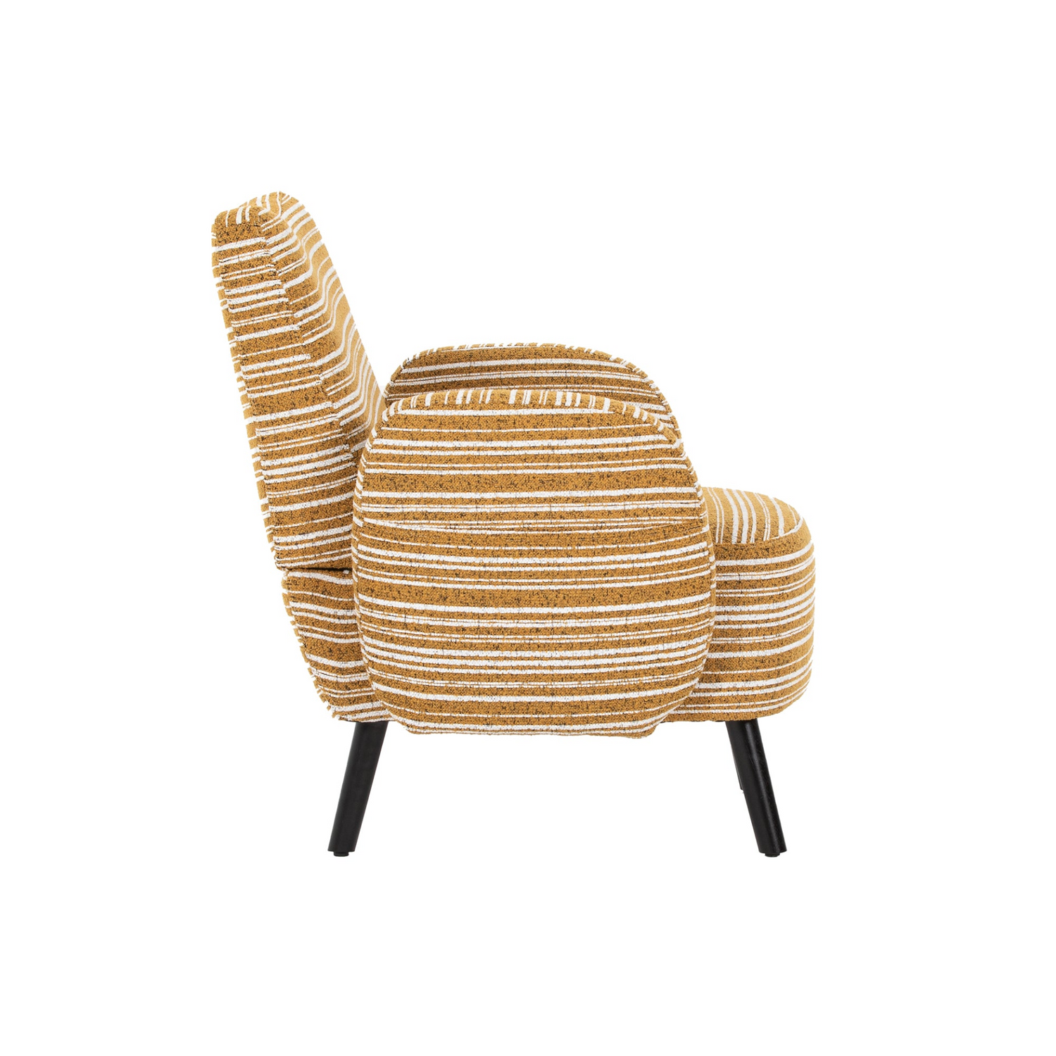 Modern armchair with sanded fabric, solid wood legs, and a side storage pocket, by Start2Finish.