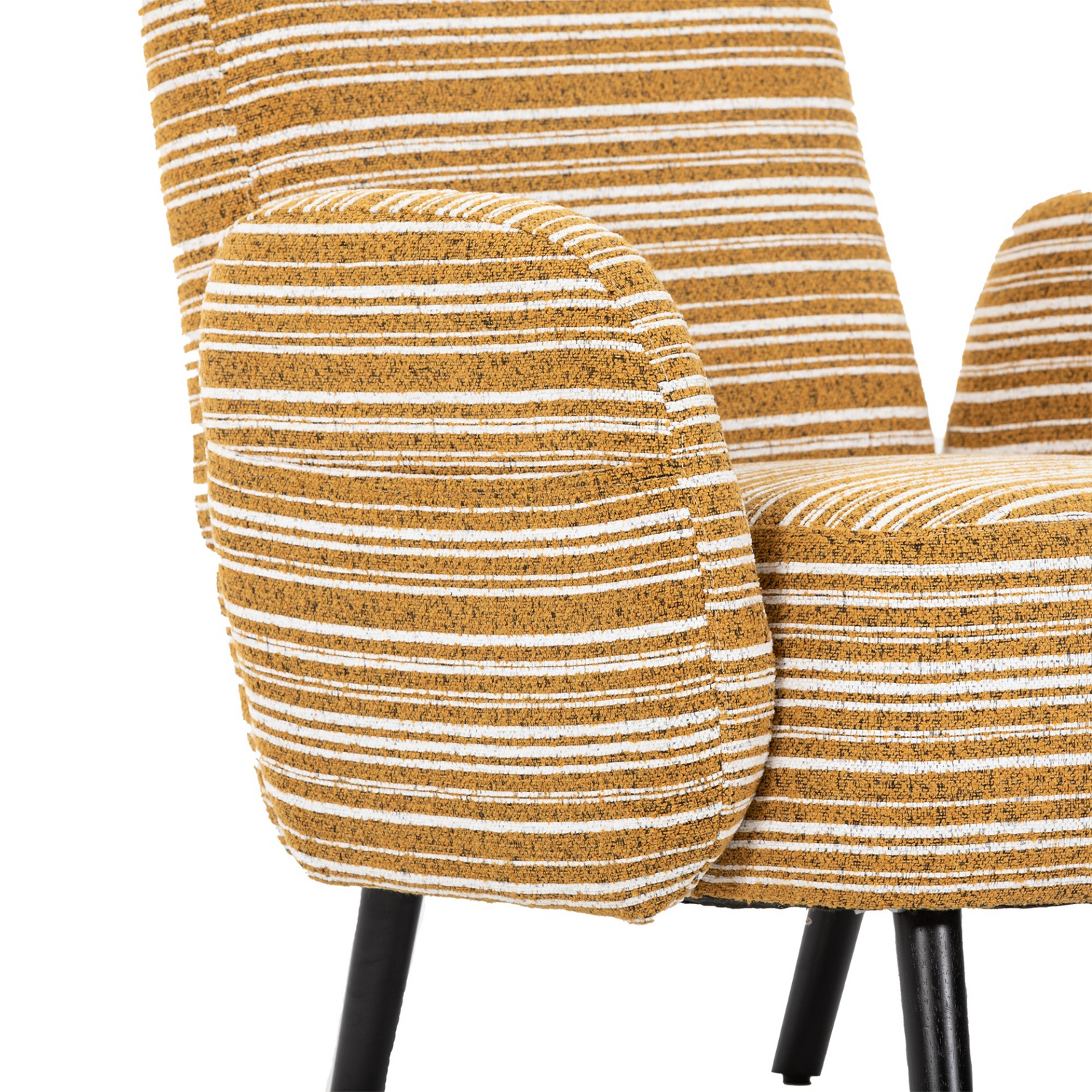 Modern armchair by Start2Finish with sanded fabric, side storage pocket, and solid wood legs, shown in a cozy living room setting.