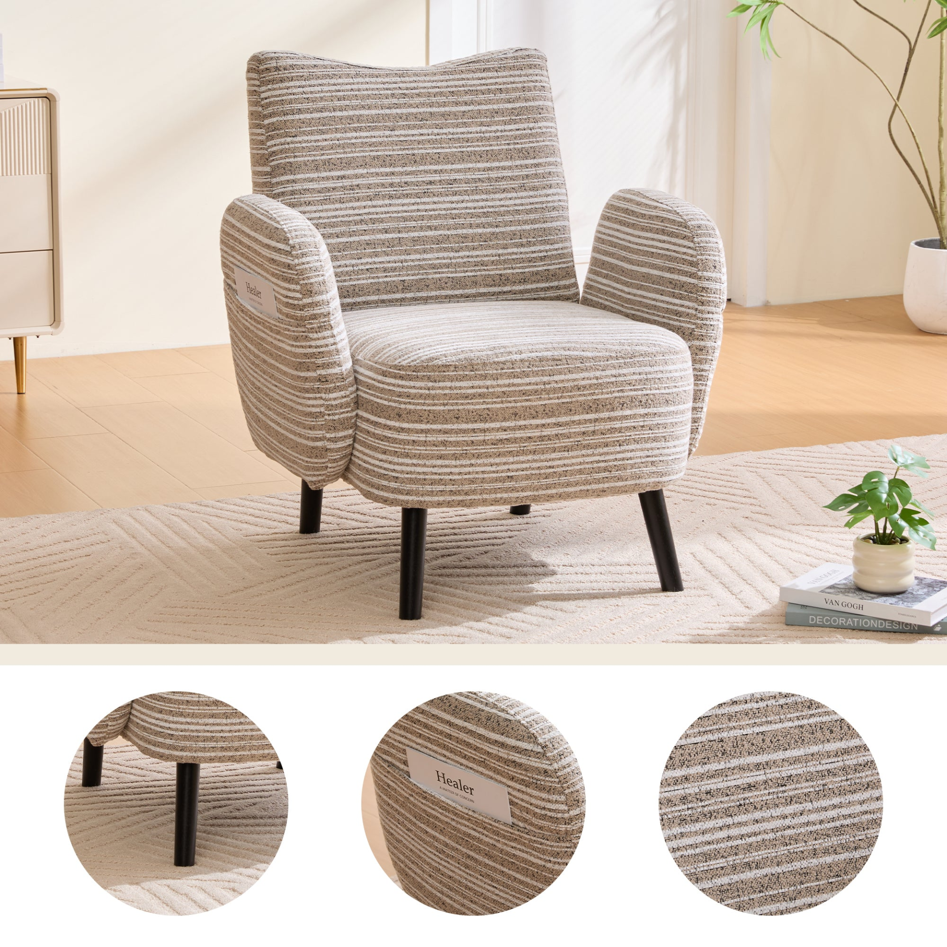 Modern armchair with sanded fabric, wooden legs, and side storage pocket from Start2Finish.