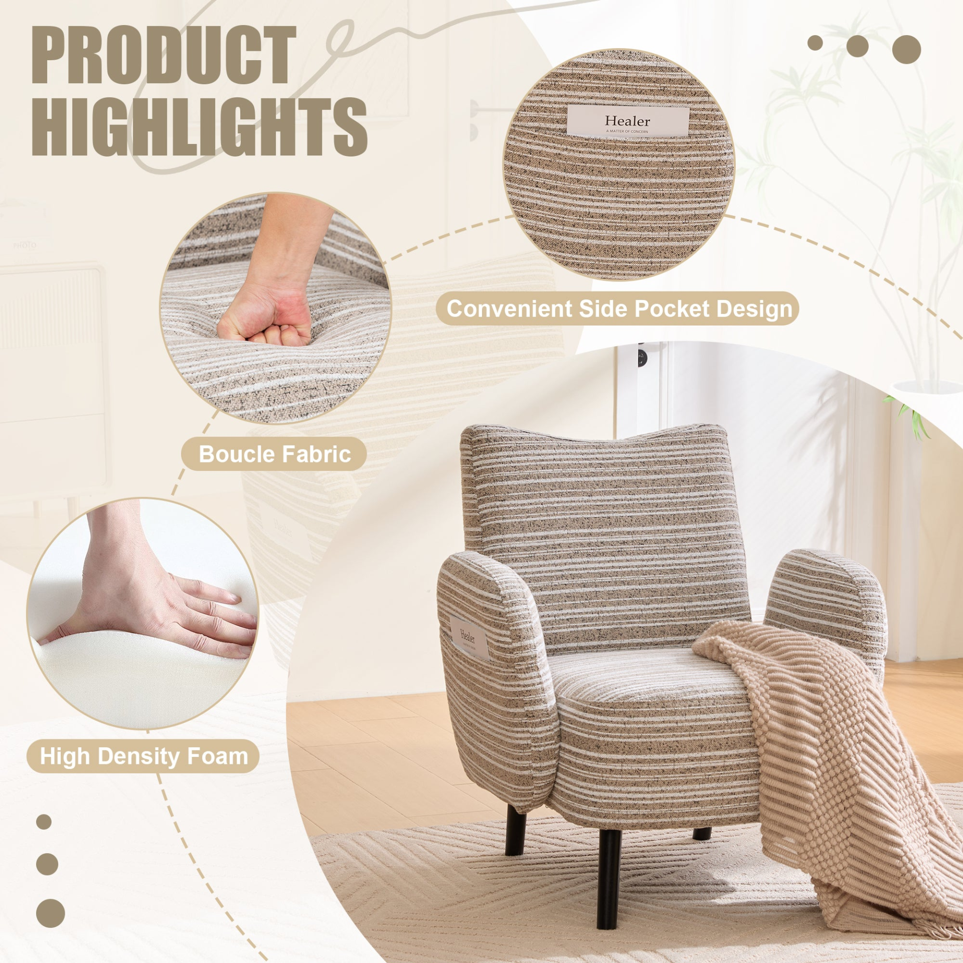 Modern armchair with sanded fabric, solid wood legs, and side storage pocket by Start2Finish, shown with close-up details.