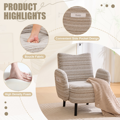 Modern armchair with sanded fabric, solid wood legs, and side storage pocket by Start2Finish, shown with close-up details.