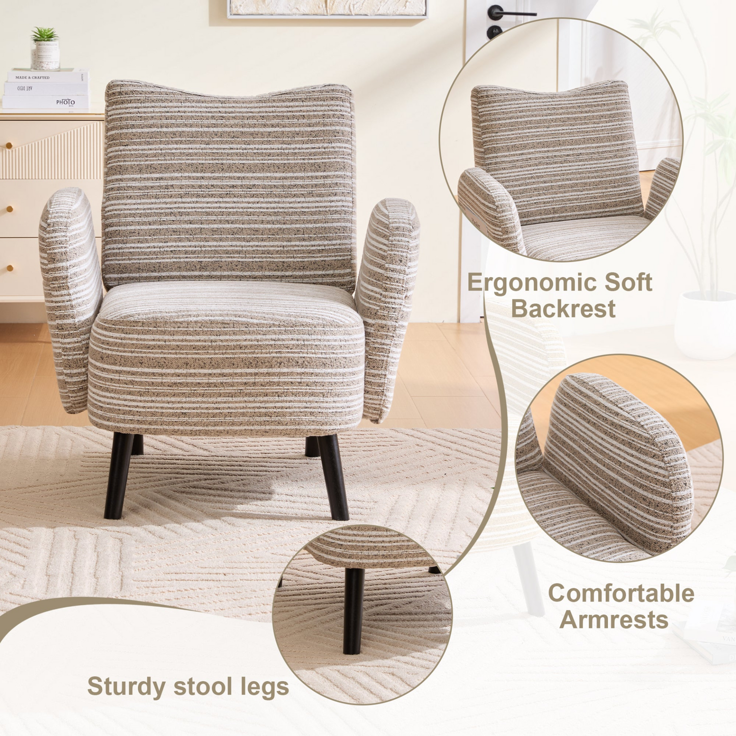 Modern armchair with sanded fabric, solid wood legs, and side storage pocket by Start2Finish, showing a cozy, stylish seating option.