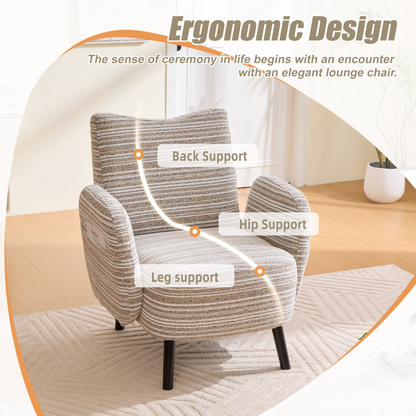 Modern armchair by Start2Finish with sanded fabric, side storage pocket, and solid wood legs, showcasing a stylish and comfortable design.
