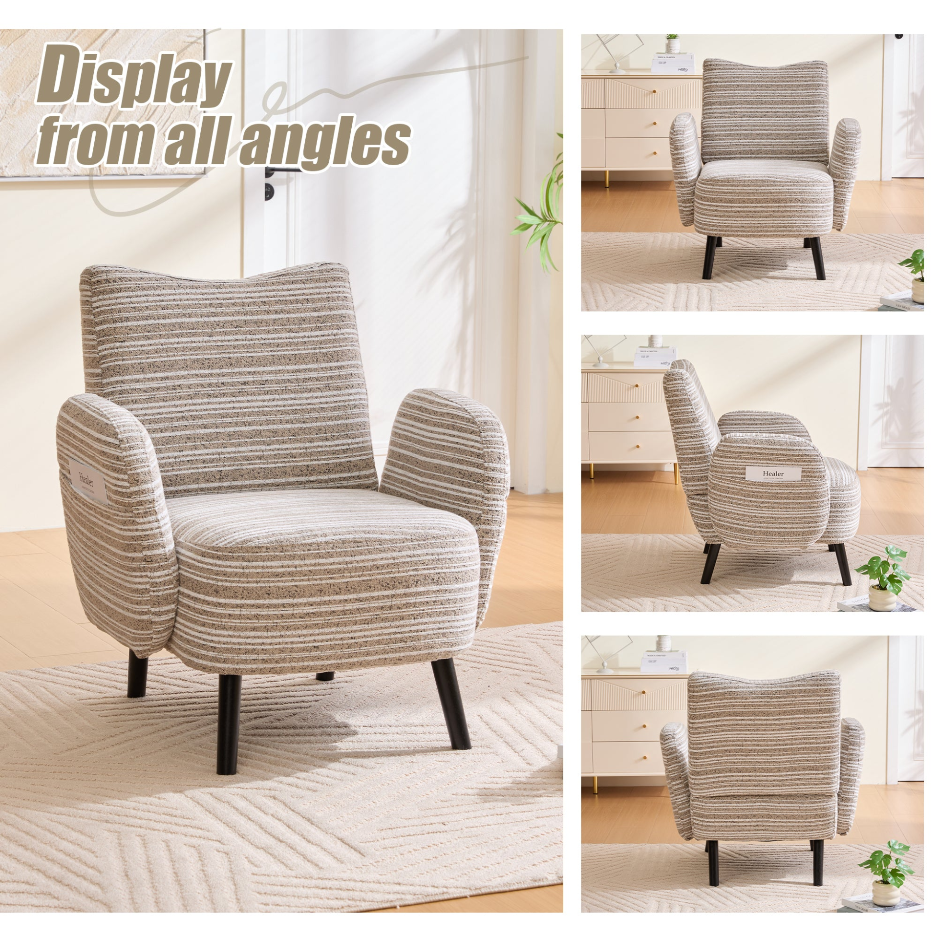 Modern armchair by Start2Finish with sanded fabric, side storage pocket, and solid wood legs, showing a comfortable seating design.