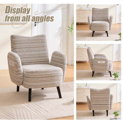 Modern armchair by Start2Finish with sanded fabric, side storage pocket, and solid wood legs, showing a comfortable seating design.