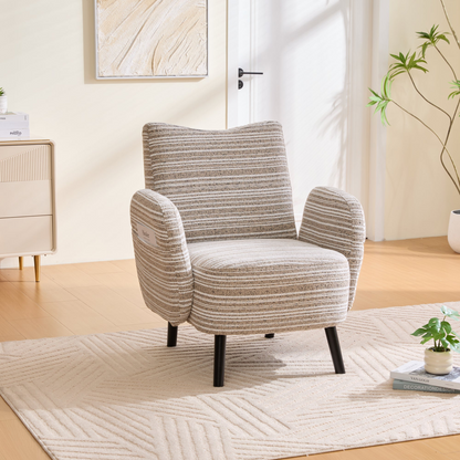 Modern armchair with sanded fabric, side storage pocket, and solid wood legs, designed by Start2Finish.