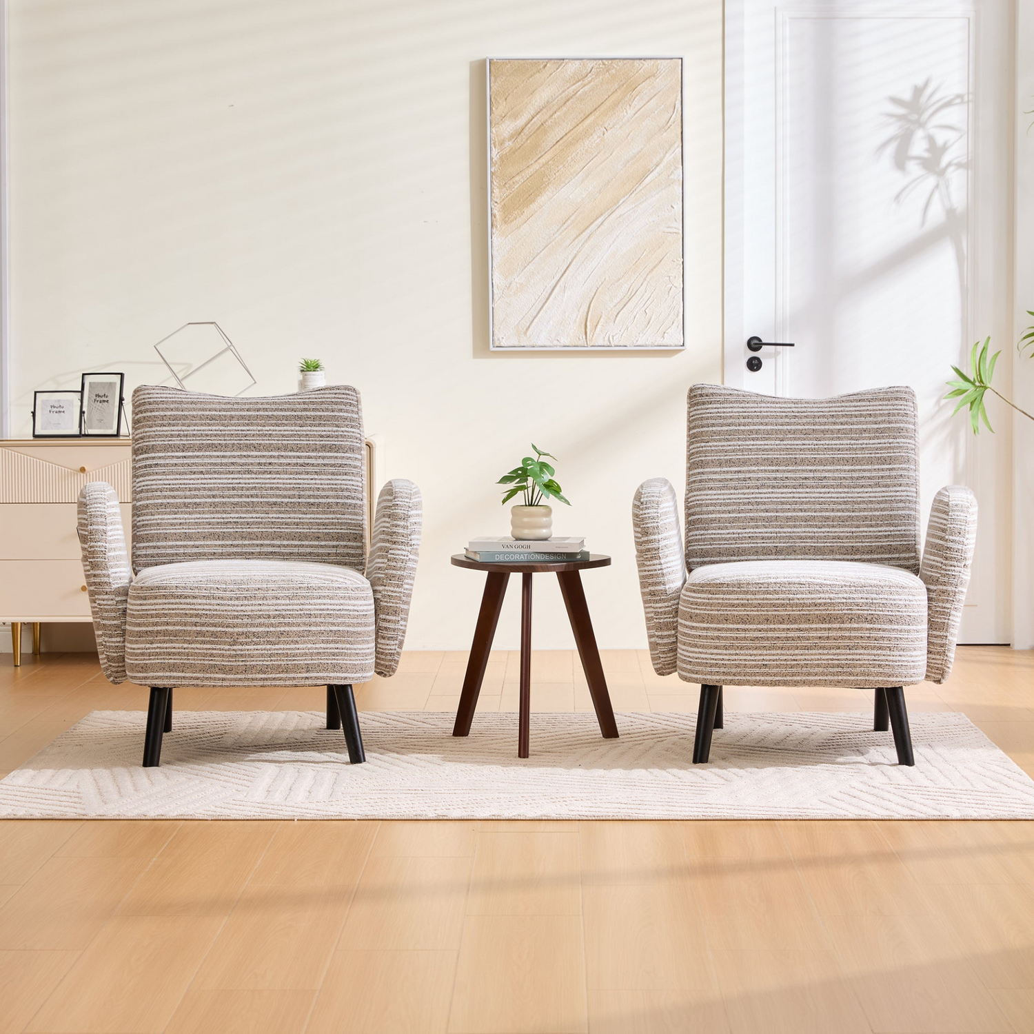 Modern armchair by Start2Finish with sanded fabric, solid wood legs, and a side storage pocket for added convenience.