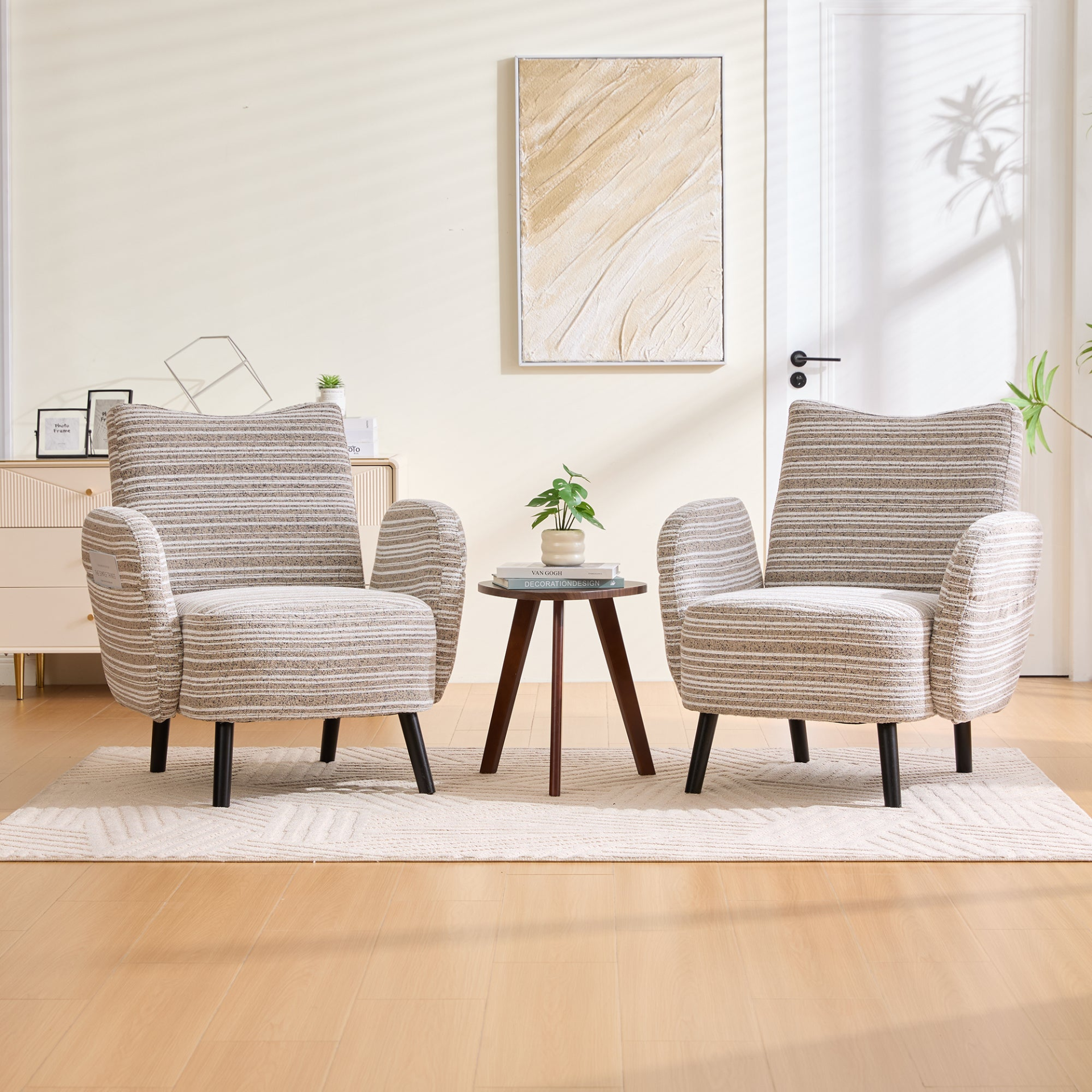 Modern armchair with sanded fabric, solid wood legs, and a side storage pocket by Start2Finish.