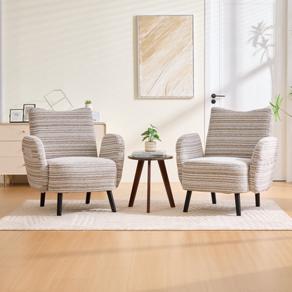 Modern armchair with sanded fabric, solid wood legs, and a side storage pocket by Start2Finish.