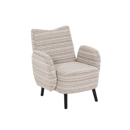 Modern armchair with sanded fabric, side storage pocket, and solid wood legs from Start2Finish in a contemporary living room setting.