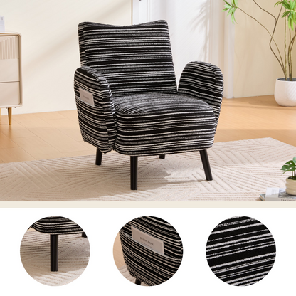 Modern armchair with sanded fabric, solid wood legs, and side storage pocket, showcasing a stylish and comfortable seating option.