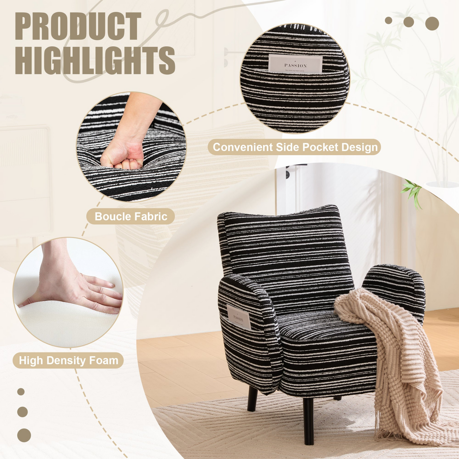 Modern armchair with sanded fabric, solid wood legs, and side storage pocket by Start2Finish, showcasing a stylish, comfortable design.