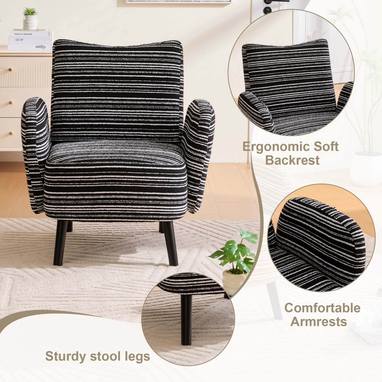 Modern armchair with sanded fabric, side storage pocket, and solid wood legs by Start2Finish, shown with plush cushioning and sleek design.