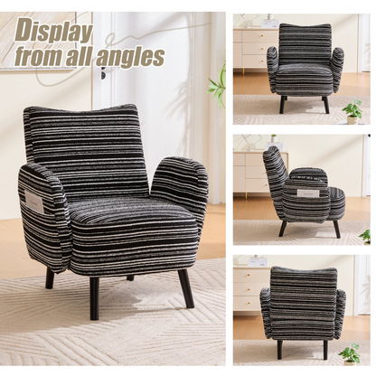 Modern armchair by Start2Finish with sanded fabric, solid wood legs, and a side storage pocket for stylish comfort.