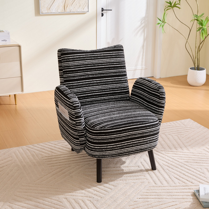 Modern Start2Finish armchair with sanded fabric, side storage pocket, and solid wood legs for stylish comfort.