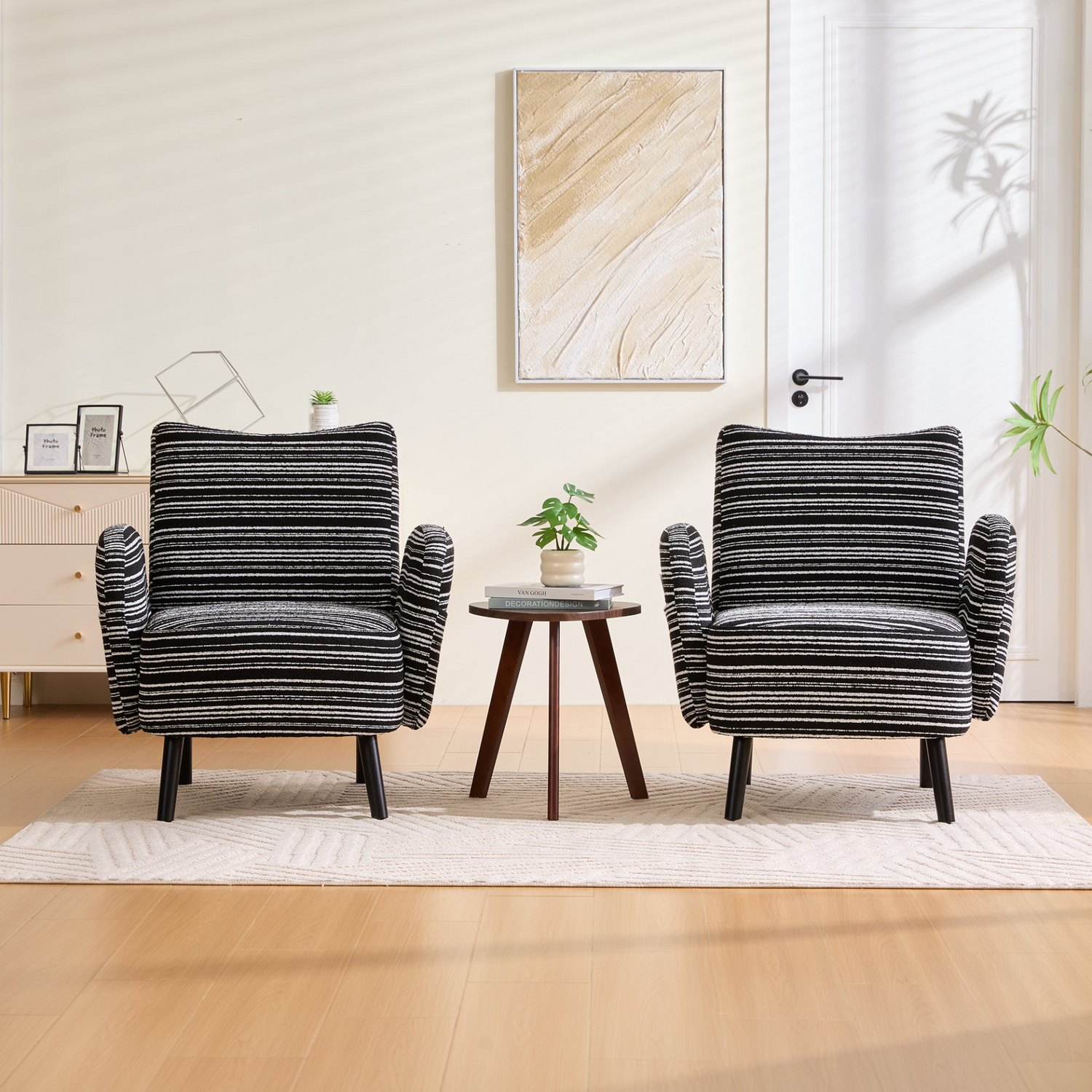 Modern armchair with sanded fabric, side storage pocket, and solid wood legs by Start2Finish, shown in a cozy living room setting.