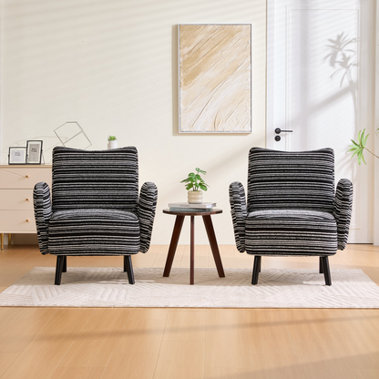 Modern armchair with sanded fabric, side storage pocket, and solid wood legs by Start2Finish, shown in a cozy living room setting.