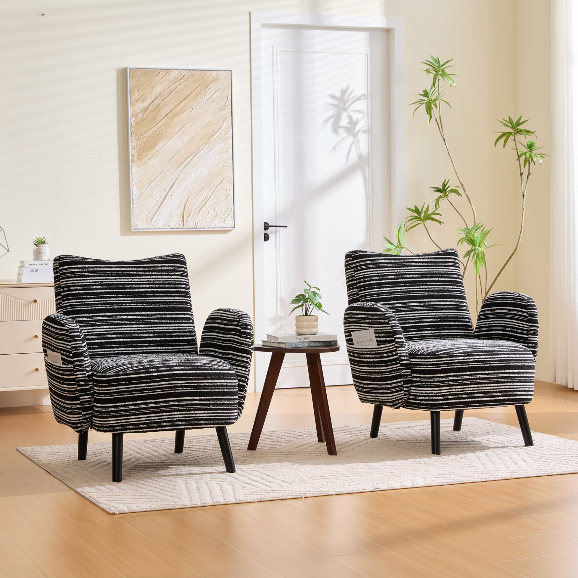 Modern armchair with sanded fabric, side storage pocket, and solid wood legs by Start2Finish.