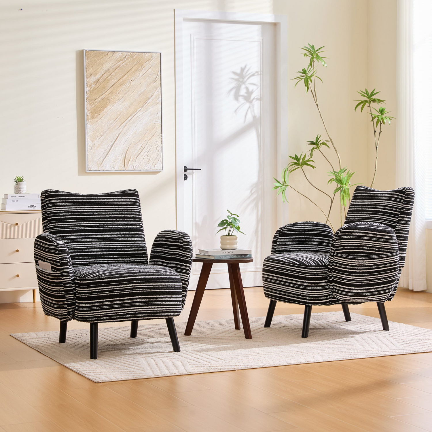 Modern armchair with sanded fabric, side storage pocket, and solid wood legs by Start2Finish, showcasing a stylish and comfortable design.