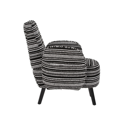 Modern armchair with sanded fabric, solid wood legs, and side storage pocket from Start2Finish, featuring a sleek, contemporary design.