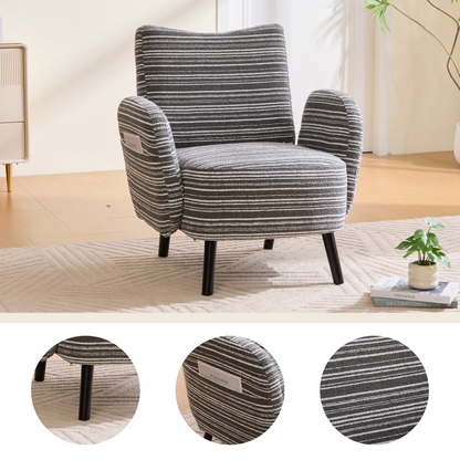 Modern armchair with sanded fabric, solid wood legs, and side storage pocket, by Start2Finish, shown in a stylish living room setting.
