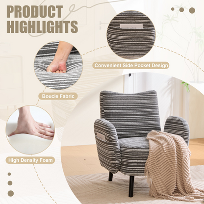 Modern armchair by Start2Finish with sanded fabric, side storage pocket, and solid wood legs, shown from a front angle.