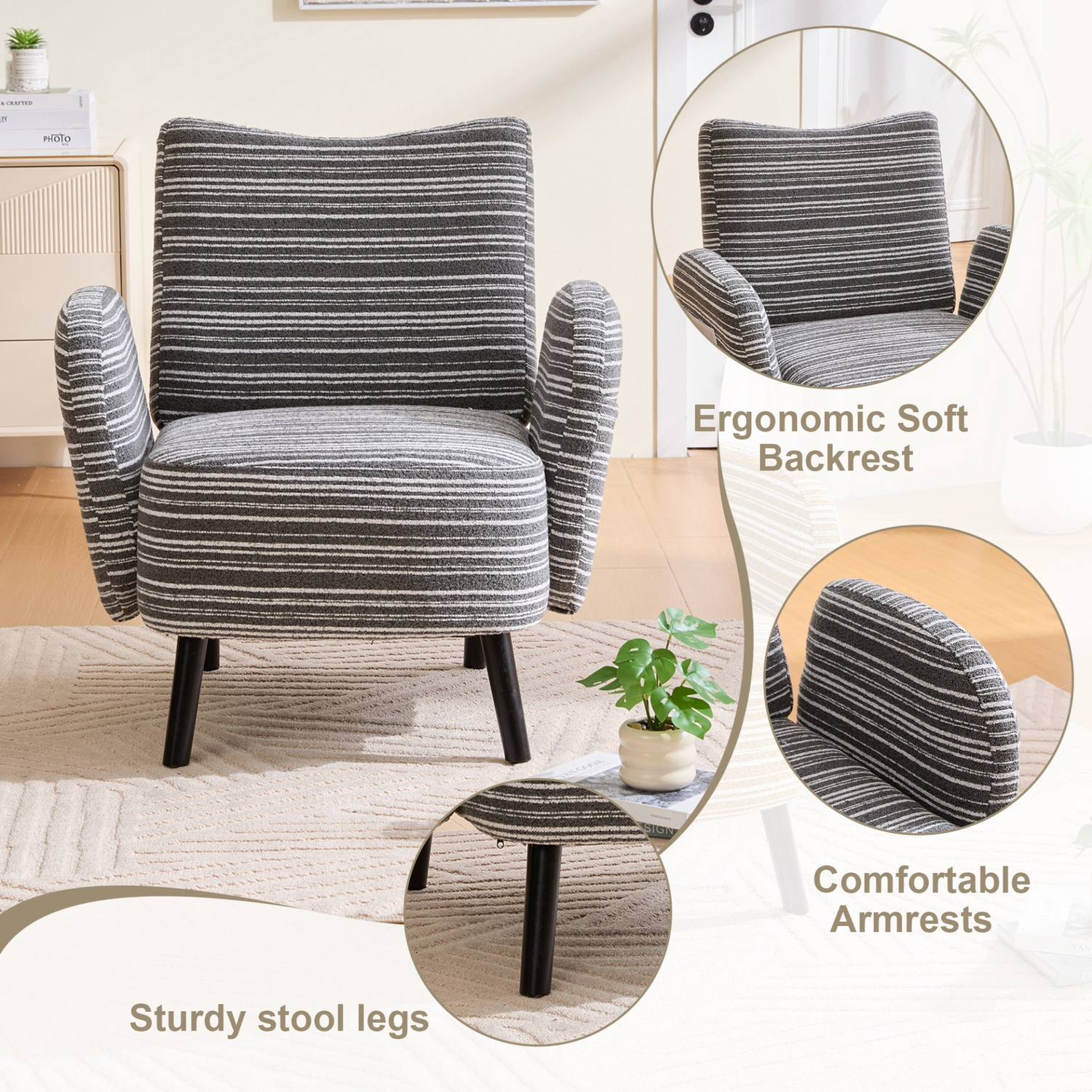 Start2Finish modern armchair with sanded fabric, side storage pocket, and solid wood legs, showcasing a sleek, stylish design.