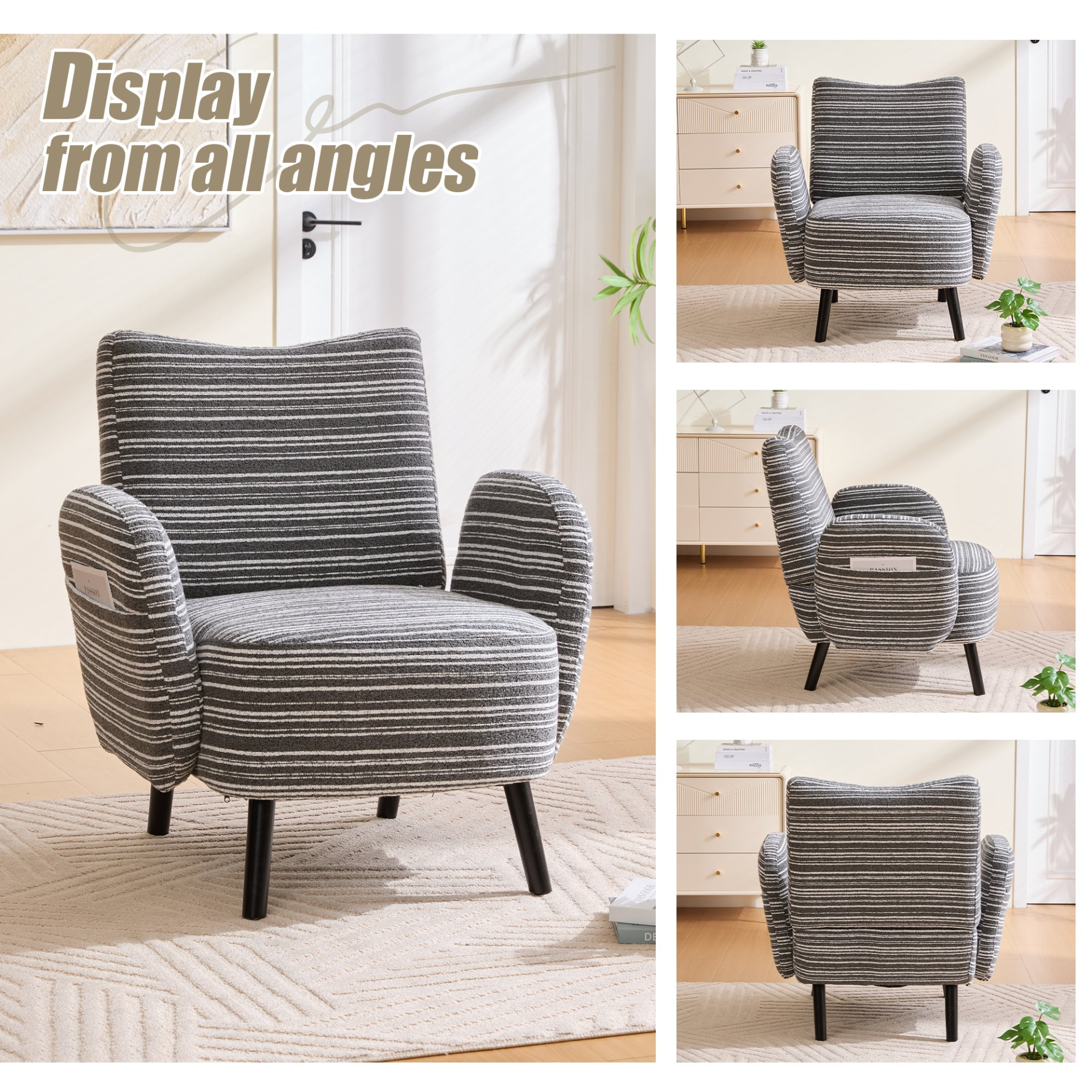 Modern armchair by Start2Finish with sanded fabric, side storage pocket, and solid wood legs, shown in a cozy living room setting.