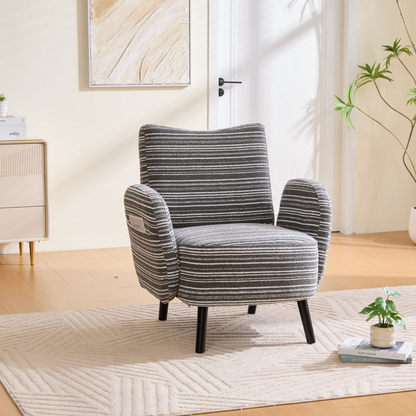 Modern armchair by Start2Finish with sanded fabric, side storage pocket, and solid wood legs, perfect for contemporary living spaces.