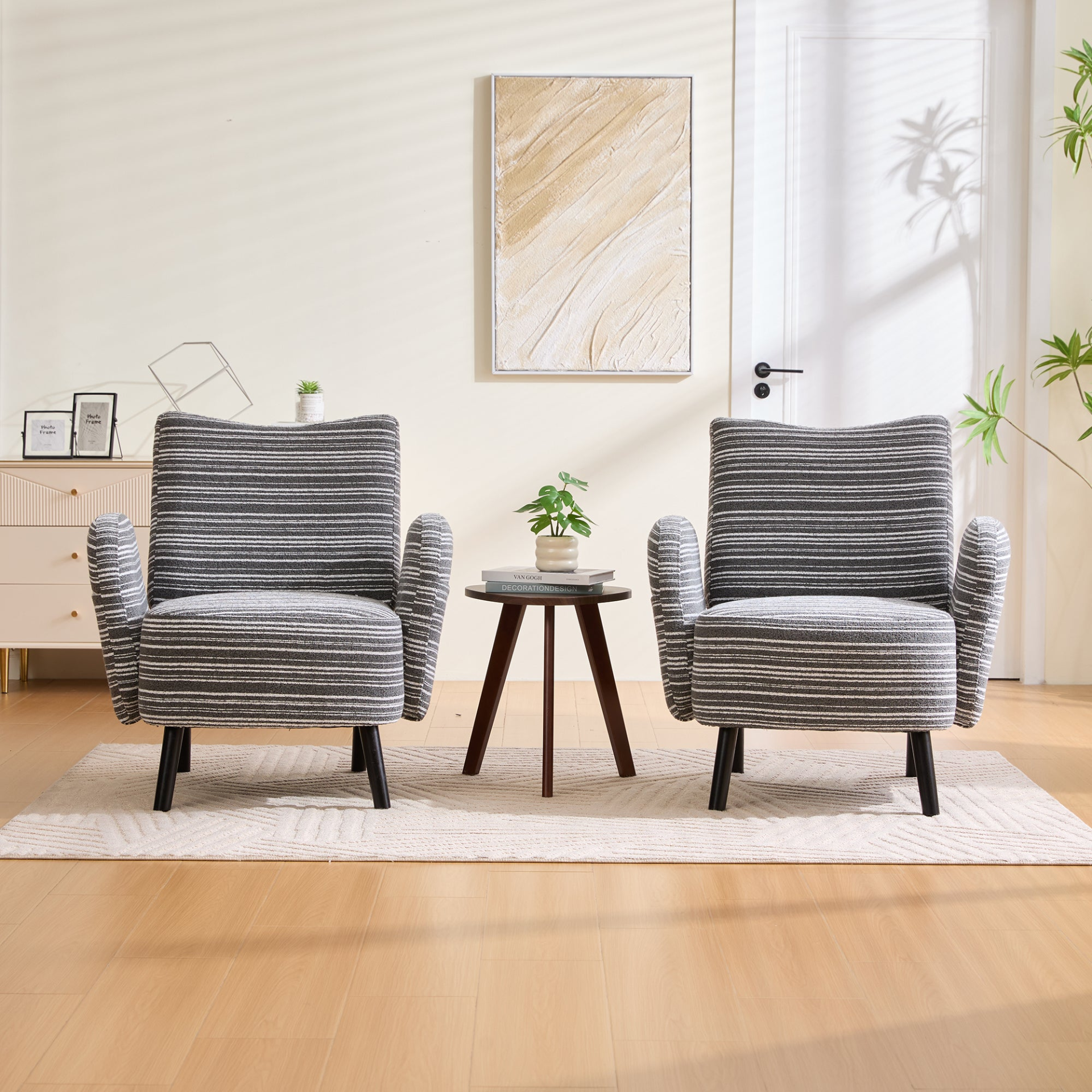 Modern armchair by Start2Finish with sanded fabric, side storage pocket, and solid wood legs shown in a stylish living room setting.