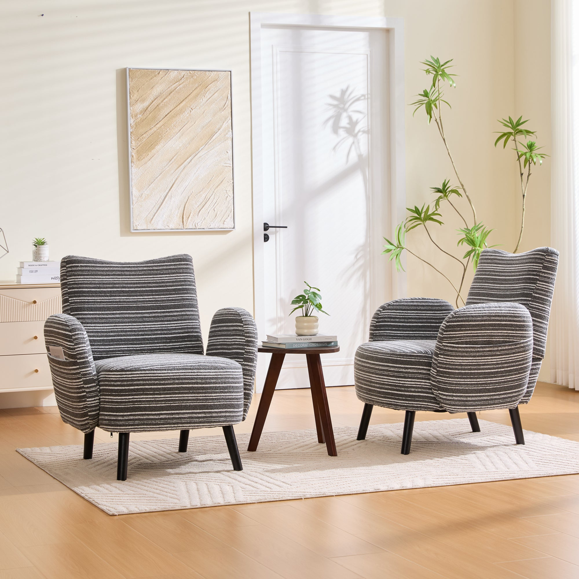 Modern armchair with sanded fabric, side storage pocket, and solid wood legs by Start2Finish.