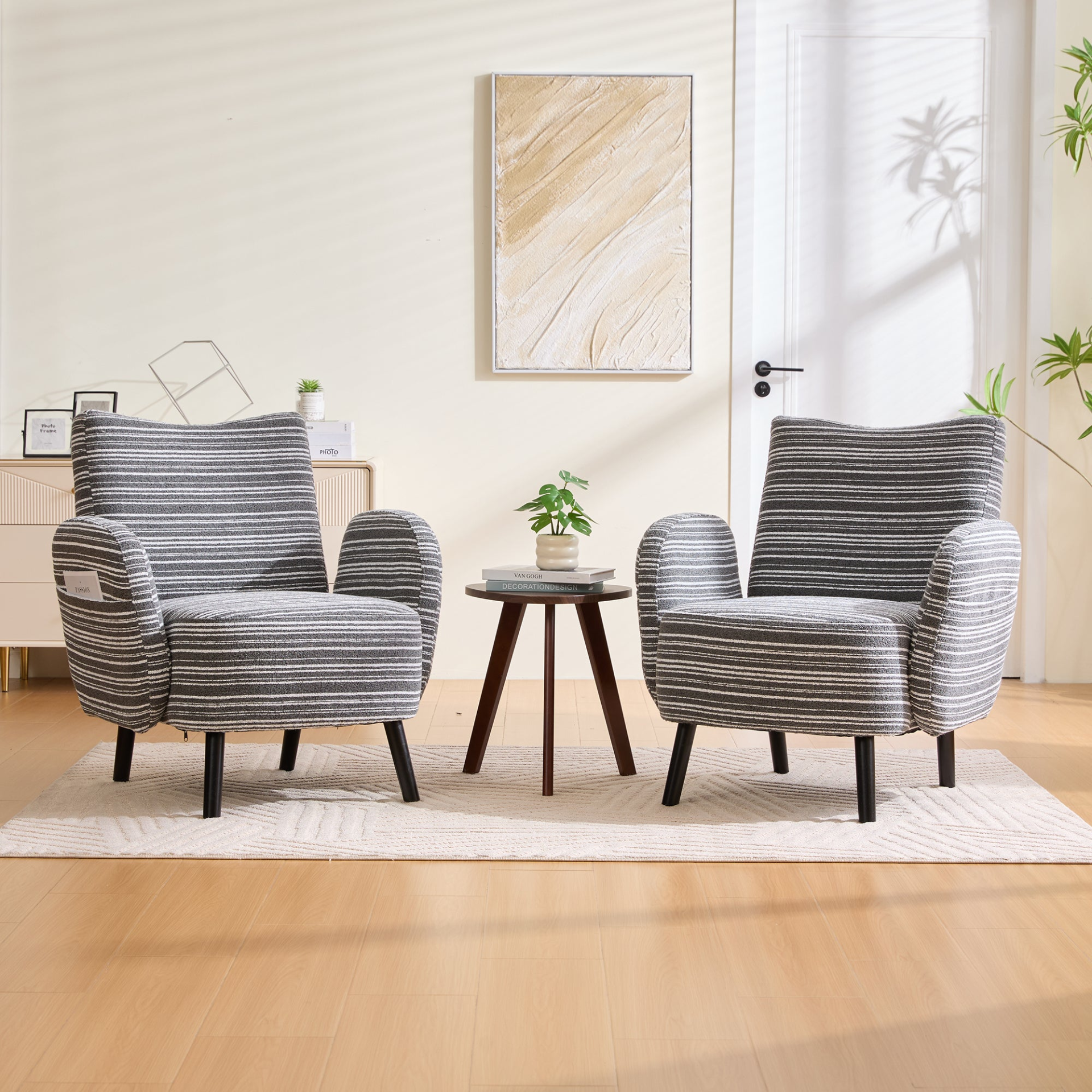 Modern armchair by Start2Finish with sanded fabric, side storage pocket, and solid wood legs in a contemporary living room setting.