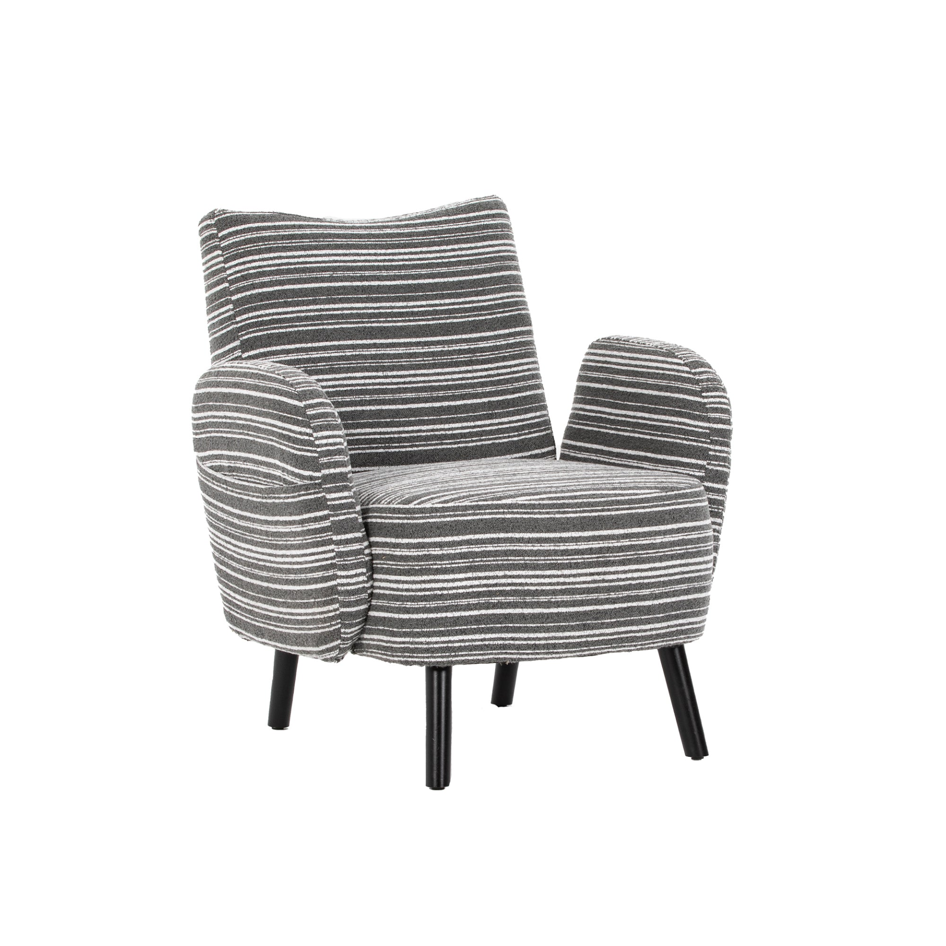 Modern armchair by Start2Finish with sanded fabric, side storage pocket, and solid wood legs in a stylish living room setting.