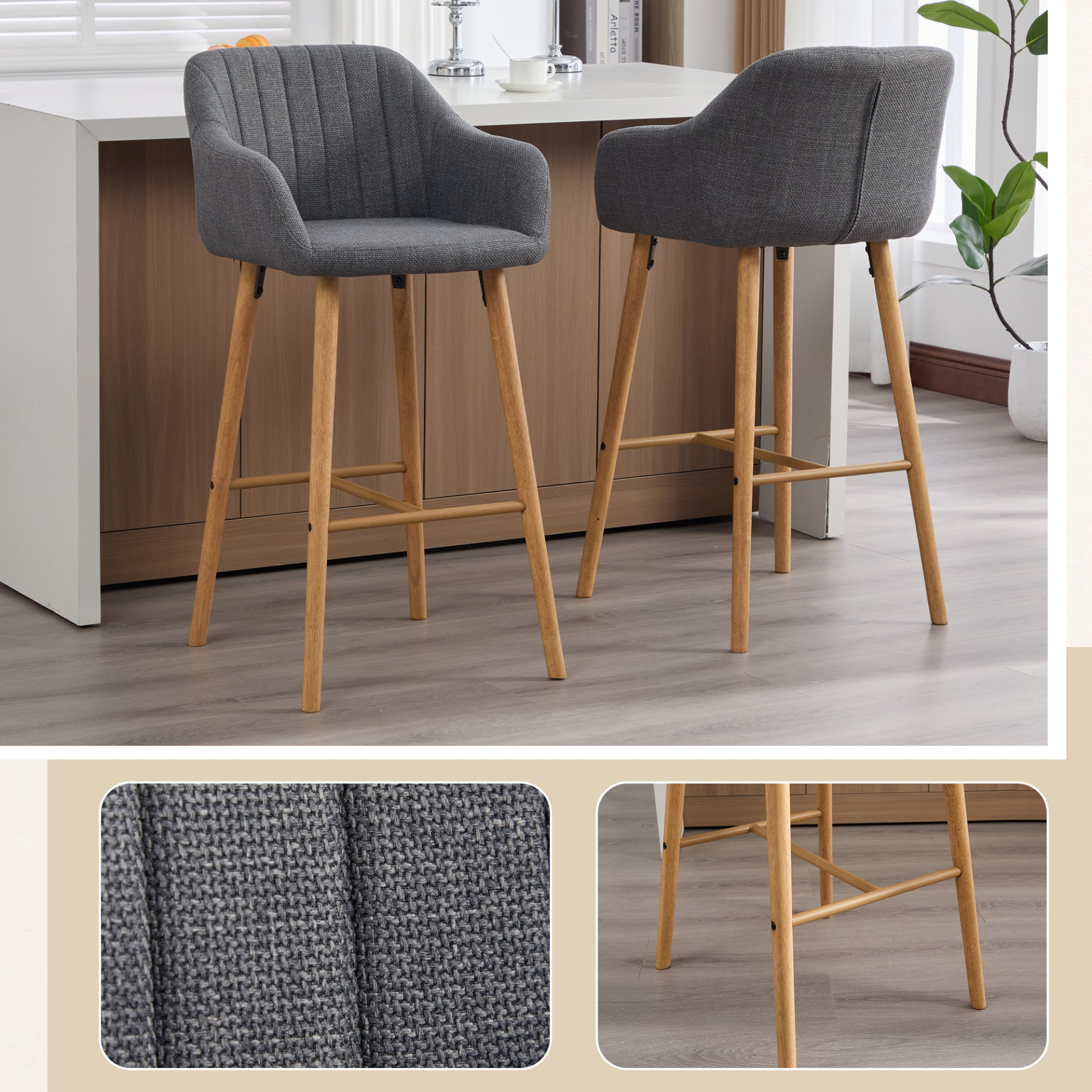 Modern linen upholstered bar stool with backrest, armrests, footrest, and solid wood legs, from Start2Finish furniture collection.