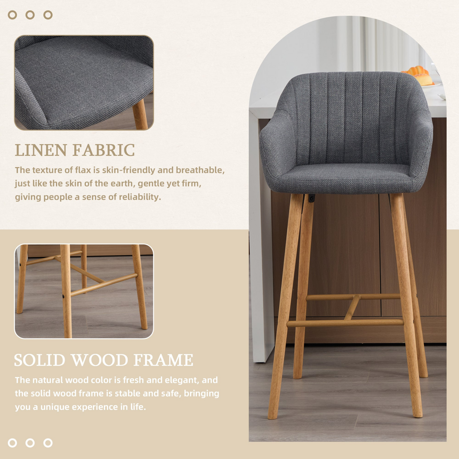 Modern linen upholstered bar stool with back, armrests, footrest, and solid wood legs, featuring a stylish design and neutral fabric.