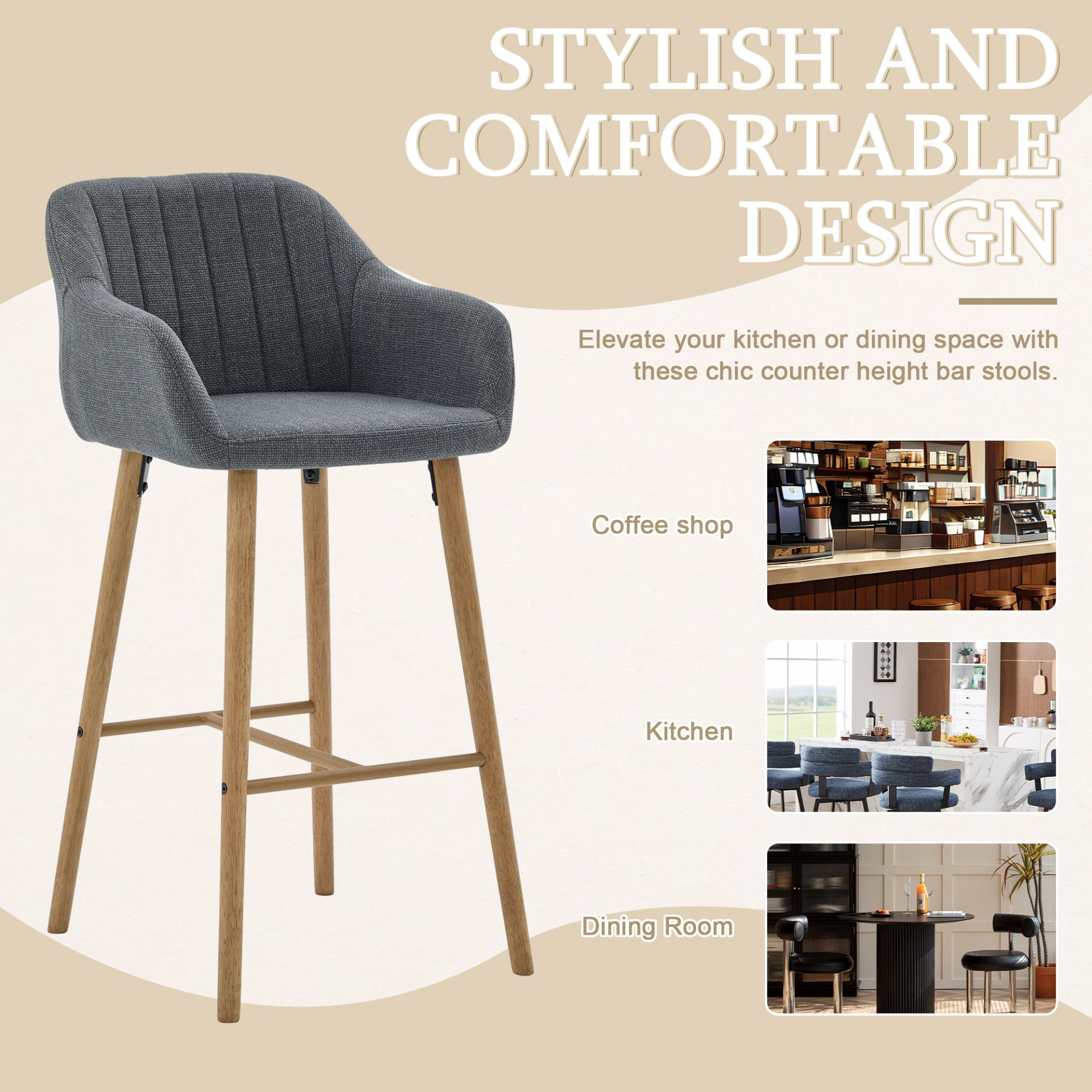 Modern linen upholstered bar stool with backrest, armrests, footrest, and solid wood legs, designed for stylish furniture.
