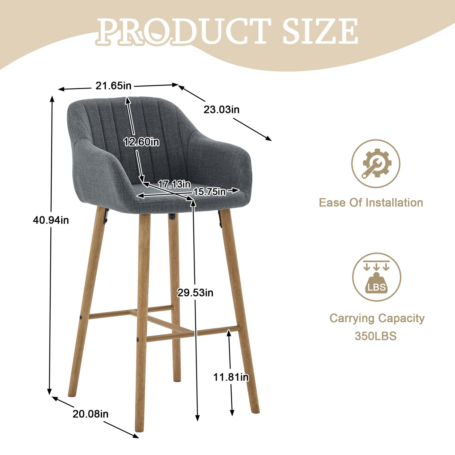 Modern linen upholstered bar stool with backrest, armrests, footrest, and solid wood legs from Start2Finish furniture.