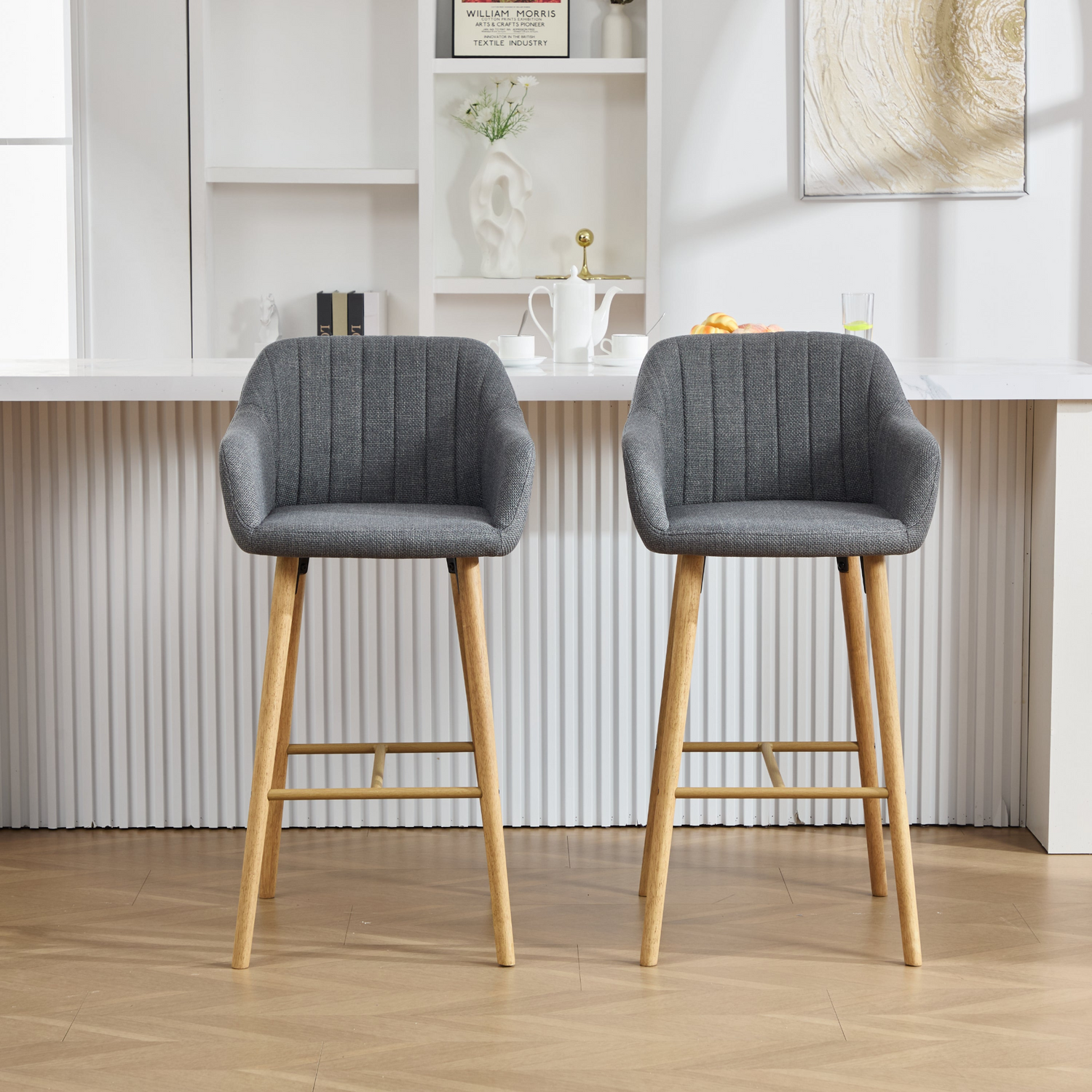 Modern Linen upholstered bar stool with back, armrests, footrest, and solid wood legs from Start2Finish furniture.