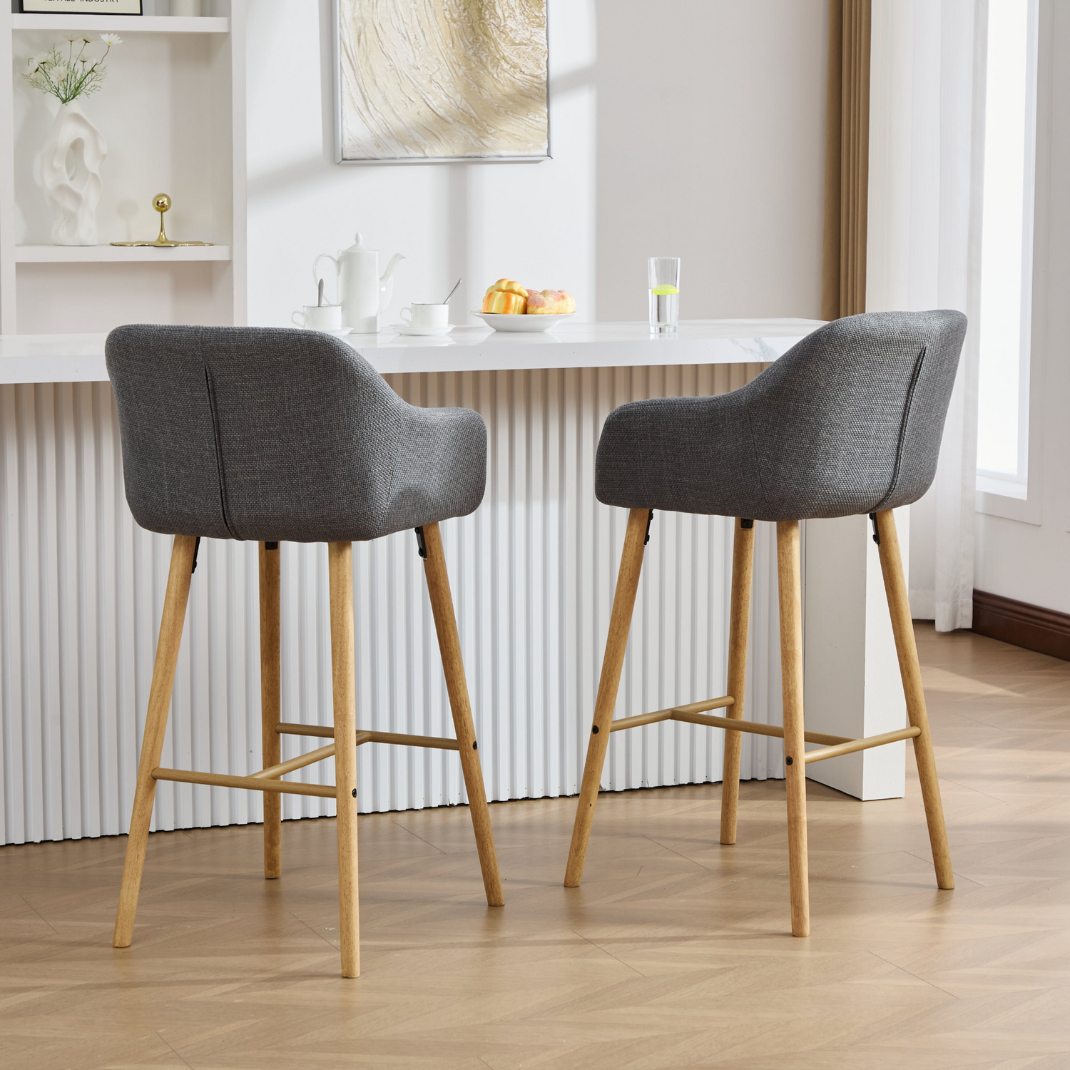 Modern linen upholstered bar stool from Start2Finish with backrest, armrests, footrest, and solid wood legs for stylish seating.