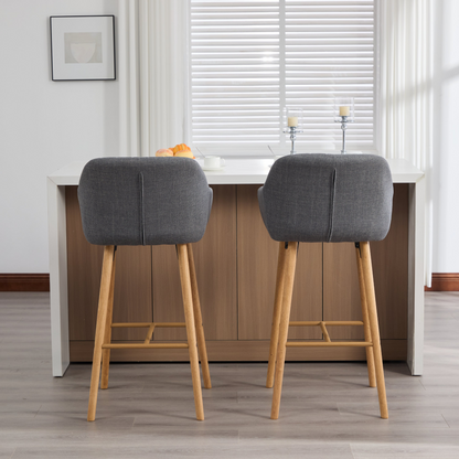 Modern linen upholstered bar stool with back, armrests, footrest, and solid wood legs from Start2Finish, designed for stylish seating.