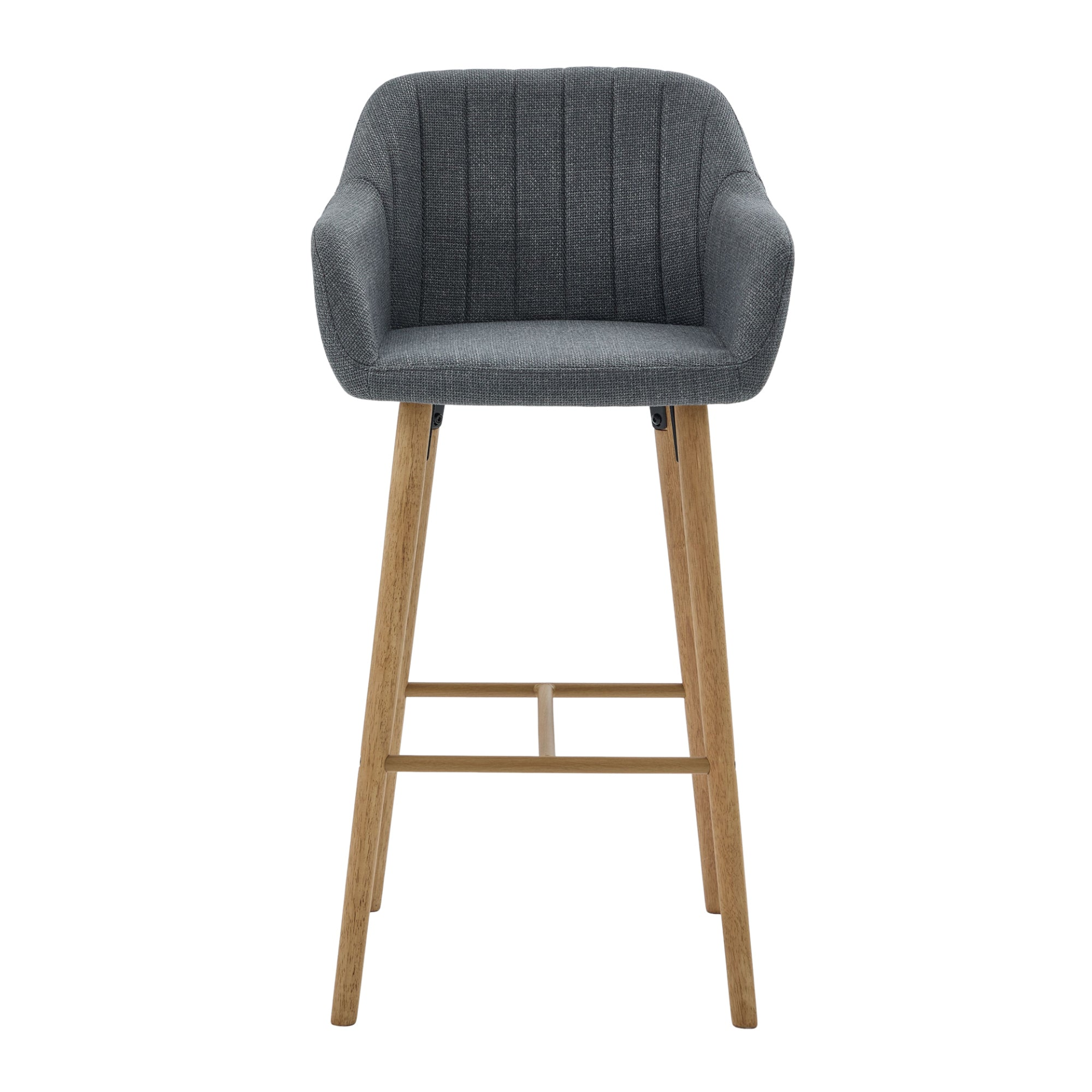 Modern linen upholstered bar stool with back, armrests, footrest, and solid wood legs, featuring a stylish and comfortable design.