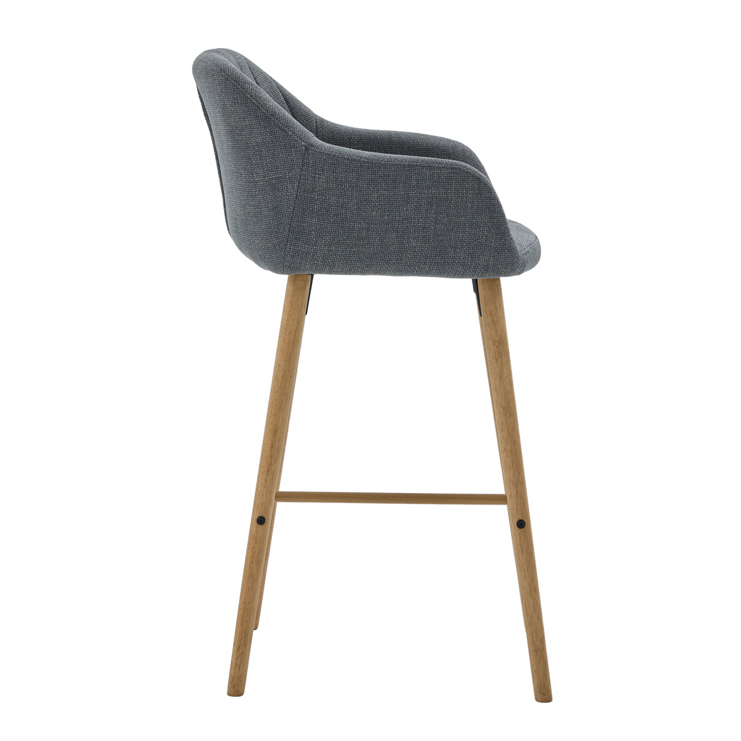 Modern linen upholstered bar stool with back, armrests, footrest, and solid wood legs from Start2Finish furniture.