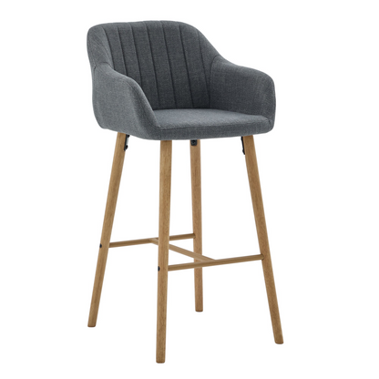Modern linen upholstered bar stool with back, armrests, footrest, and solid wood legs, designed for stylish kitchen or bar seating.
