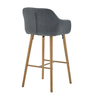Modern linen upholstered bar stool with back, armrests, footrest, and solid wood legs from Start2Finish furniture.