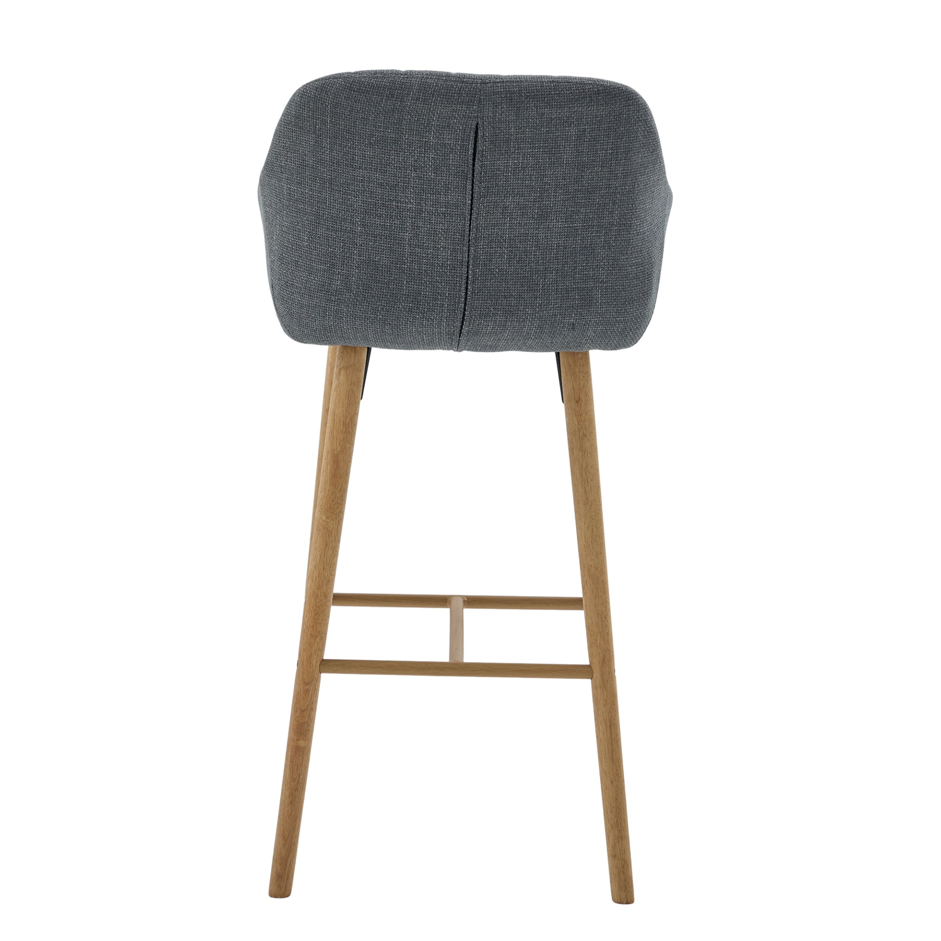 Modern linen upholstered bar stool with back, armrests, footrest, and solid wood legs from Start2Finish furniture.