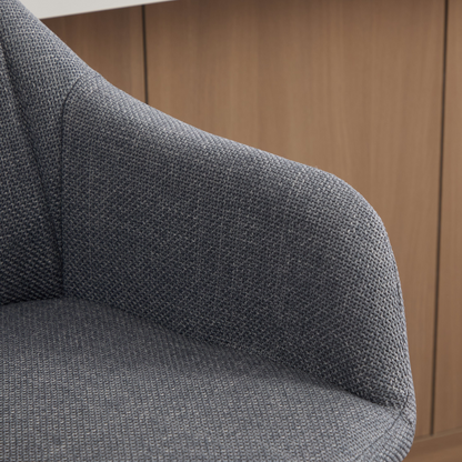 Modern linen upholstered bar stool with backrest, armrests, footrest, and solid wood legs, designed for stylish seating.