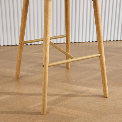 Modern linen upholstered bar stool with back, armrests, footrest, and solid wood legs, designed by Start2Finish.
